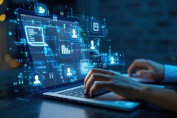 A person is using their laptop to create an online document, with digital icons floating above the screen and highlighting various documents or VR playing cards.