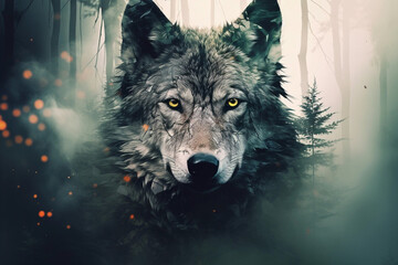 double exposure of a portrait of a wild wolf and woods. 