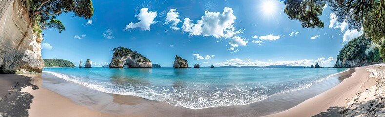 Fototapeta premium Beach, very clear water, through which you can see the bottom of the sea. Small islands can be seen in the panorama, in the background of which is the clear sky and the bright sun.