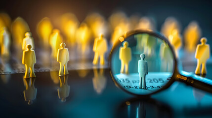HRM or Human Resource Management, Magnifier glass focus to manager icon which is among staff icons for human development recruitment leadership and customer target. resume, interview.