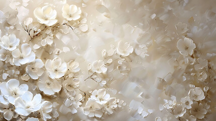 Creamy white background with a textured wall adorned with delicate cream blossoms, creating a serene and elegant atmosphere, perfect for various design projects