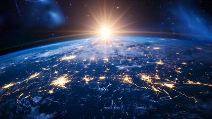 A breathtaking view of Earth from space, with the sun rising over Europe and global lighting up in...