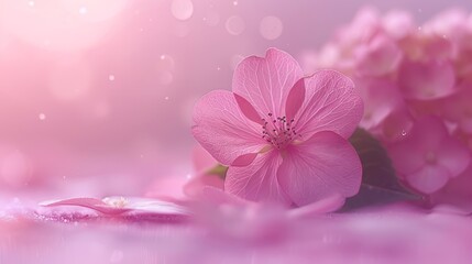   A pink flower, focused closely against a plain pink backdrop, with a softly blurred flower outline in the distant background