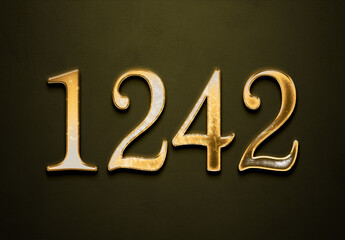 Old gold effect of 1242 number with 3D glossy style Mockup.	