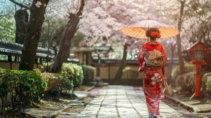 Elegant lady in traditional Japanese attire strolling through a sakura garden