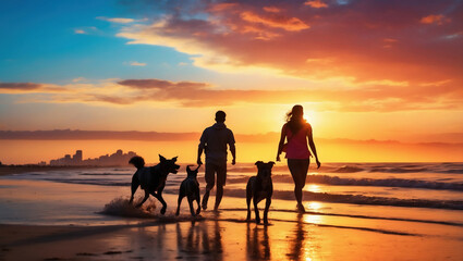 Fototapeta premium Paar genießt einen romantischen Sonnenuntergangsspaziergang am Strand mit Hunden bei Abendrot