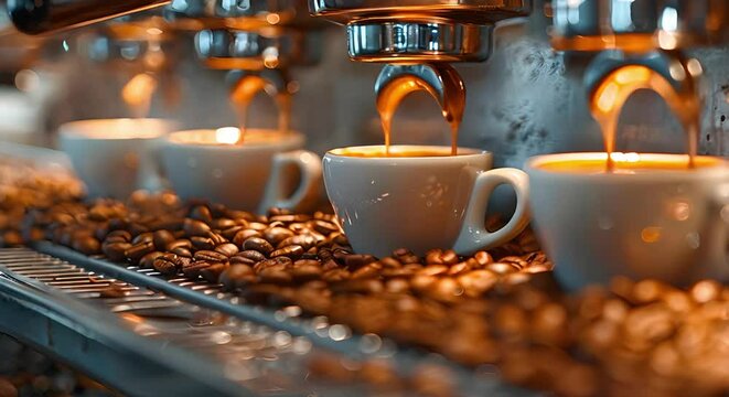 Pulling Espresso Shots: A Visual Blend of Coffee Beans, Cups, and Machine. Concept Coffee Brewing, Espresso Cups, Specialty Coffee, Barista Techniques, Coffee Aesthetics