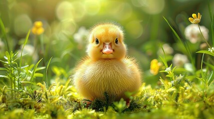   A close-up image of a small yellow duck among green grass and vibrant flowers with a slightly blurred background of yellow flowers