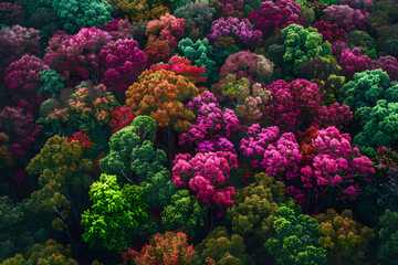 Vibrant multicolored forest canopy. Aerial view photography. Nature and environment concept for design and wallpaper.