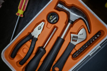 Tool set, hammer, screwdrivers, wrenches, pliers