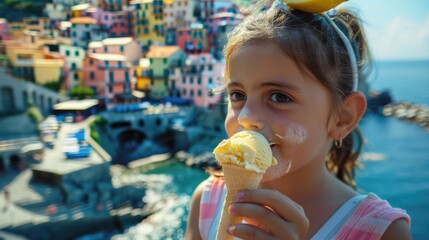 A young girl is enjoying a refreshing ice cream by the water, combining the ingredients of leisure, fun, and travel in a picturesque scene of summer bliss AIG50