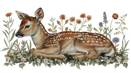   A white background with a painted fawn lying in a field of daisies and wildflowers