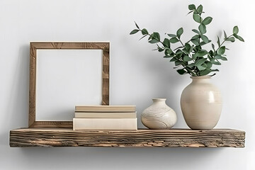 Minimalist wooden shelf with decorative items and plant. Studio photography with place for text. Interior design and home decor concept for design and print.