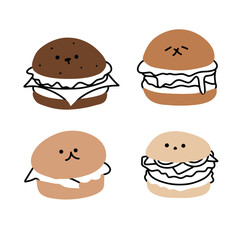 Burger Bliss Vector: Cute & Simple Brown Tone Food Illustration with Minimalist Emoticon | Creative Projects