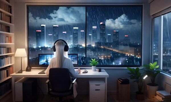 Anime girl with headphones playing videogames on computer in cozy room at night, panoramic view to modern city,  raining outside