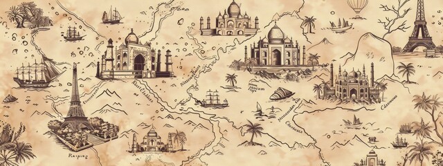 A detailed line art illustration of a vintage map, highlighting key landmarks and destinations.
