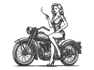 retro biker woman with flowing hair, riding classic motorcycle with focused gaze sketch engraving generative ai fictional character vector illustration. Scratch board imitation. Black and white image