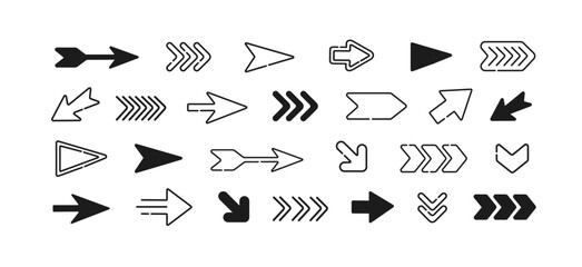 Perfect Arrow icon set. Vector Arrow and Pointer silhouette collection isolated on white background. Editable Cursors and Arrows symbols and elements