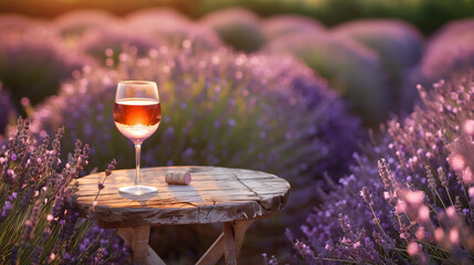 glass of wine served on vintage rustic table in lavender field. 