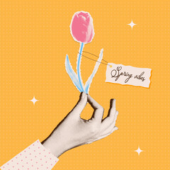 A woman's hand with a halftone effect with tulip in a retro magazine style. Modern spring illustration in retro collage style.