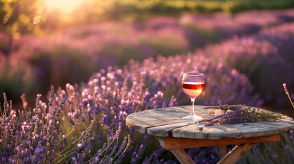 glass of wine served on vintage rustic table in lavender field. 