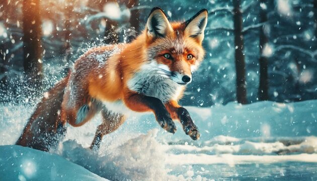 action sequence of a fox jumping and diving into snow