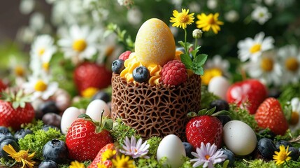  a basket of strawberries, raspberries, blueberries, eggs, and daisies
