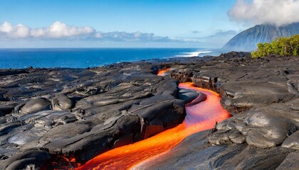 red orange vibrant molten lava flowing onto grey lavafield and glossy rocky land near hawaiian volcano with vog on background