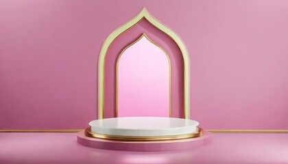3d illustration of luxury islamic podium with gold border traditional islamic window frame horizontal arabic banner for product exhibition pink background generative ai