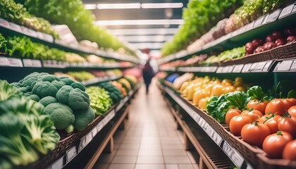 supermarket aisle and fresh vegetables on the shelf with colorful shelves diverse assortment of products sale consumerism shopping concept abstract blurred background