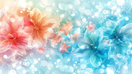   A tight shot of various blooms against a backdrop of blue and pink Background softly blurred, light delicately out of focus