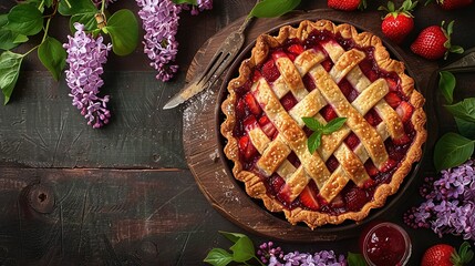   A pie sits on a wooden board with purple flowers and a slice on a plate