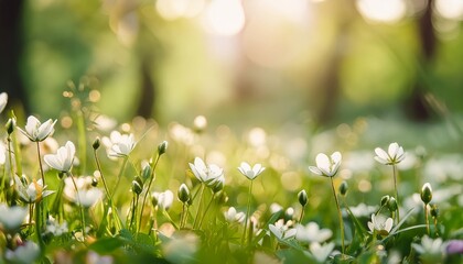 abstract art of spring background or summer background with fresh grass and white flowers natural colorful panoramic landscape beautiful bokeh natural tones - Powered by Adobe
