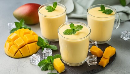 mango lassi with mint and mango ice cubes refreshing traditional indian yogurt fruit smoothie drink for summer heat