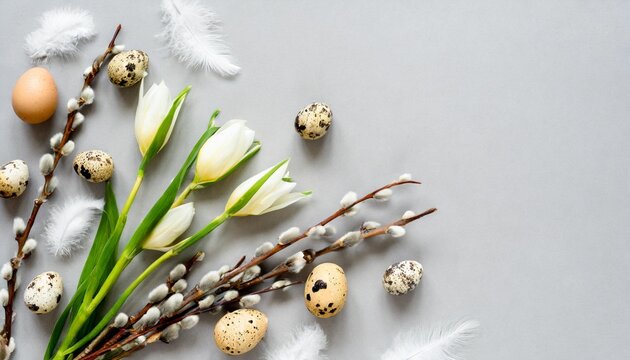 eco easter template pussy willow branches freesia flowers feathers and natural quail eggs on light grey background festive composition layout spring holiday top view flat lay copy space