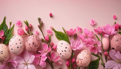 vibrant easter arrangement with speckled eggs and a variety of pink flowers creating a lively border on a pastel pink background - Powered by Adobe