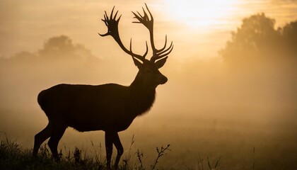 red deer silhouette in the morning mist