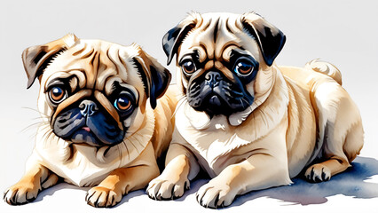 Two Pug puppies resting side by side on white backdrop