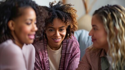 A group of women sitting in a row, chatting and laughing. They are wearing casual clothing and surrounded by a social environment.