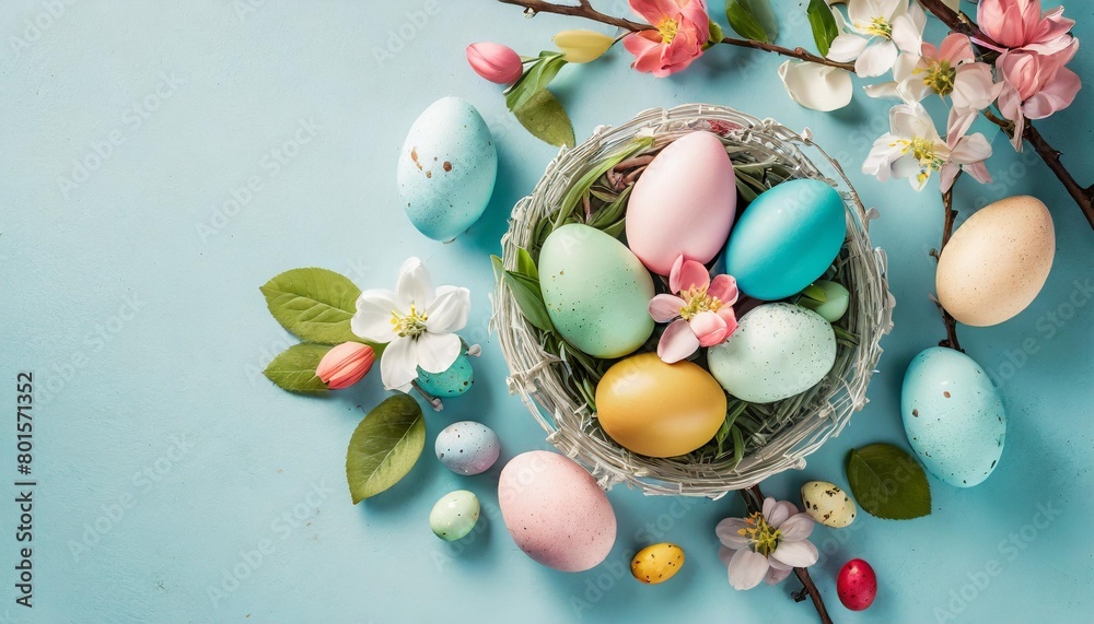 Wall mural easter layout made with colorful easter eggs and pastel blue background minimal nature background spring holidays concept creative copy space flat lay