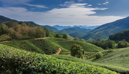 tea plantations landscape with green tea valley and mountains