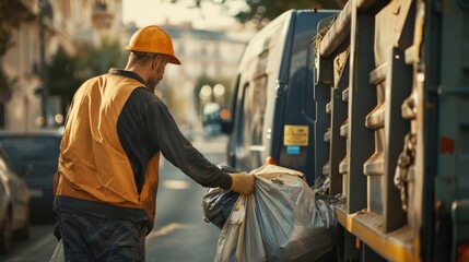 Garbage collector lifting waste bags into the back of a truck