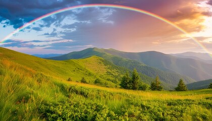 mountain landscape in summer at sunset grassy meadows on the hills rolling in to the distant peak beneath a rainbow in evening light