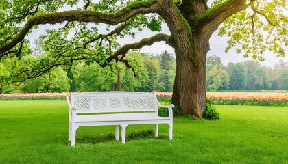 white bench standing under old tree in the parkland on the blooming meadow