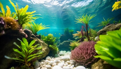 an exquisite aqua scape featuring a lush underwater garden with vibrant aquatic plants ai generative