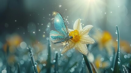   A blue butterfly perches atop a sun-yellow daffodil amidst a blooming flower field