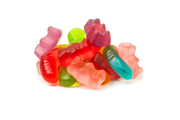 Assorted colorful gummy candies isolated on a white background. Top view. Jelly  sweets.