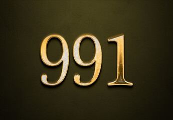 Old gold effect of 991 number with 3D glossy style Mockup.	