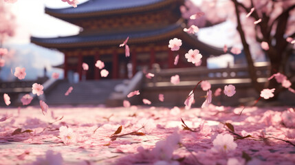 Beautiful japanese Sakura temple with sakura growing