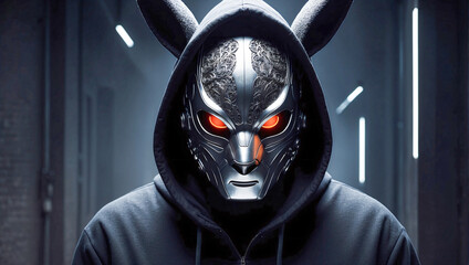 Mysterious enigmatic figure wearing a metallic rabbit mask with eerie glowing eyes on a dark background